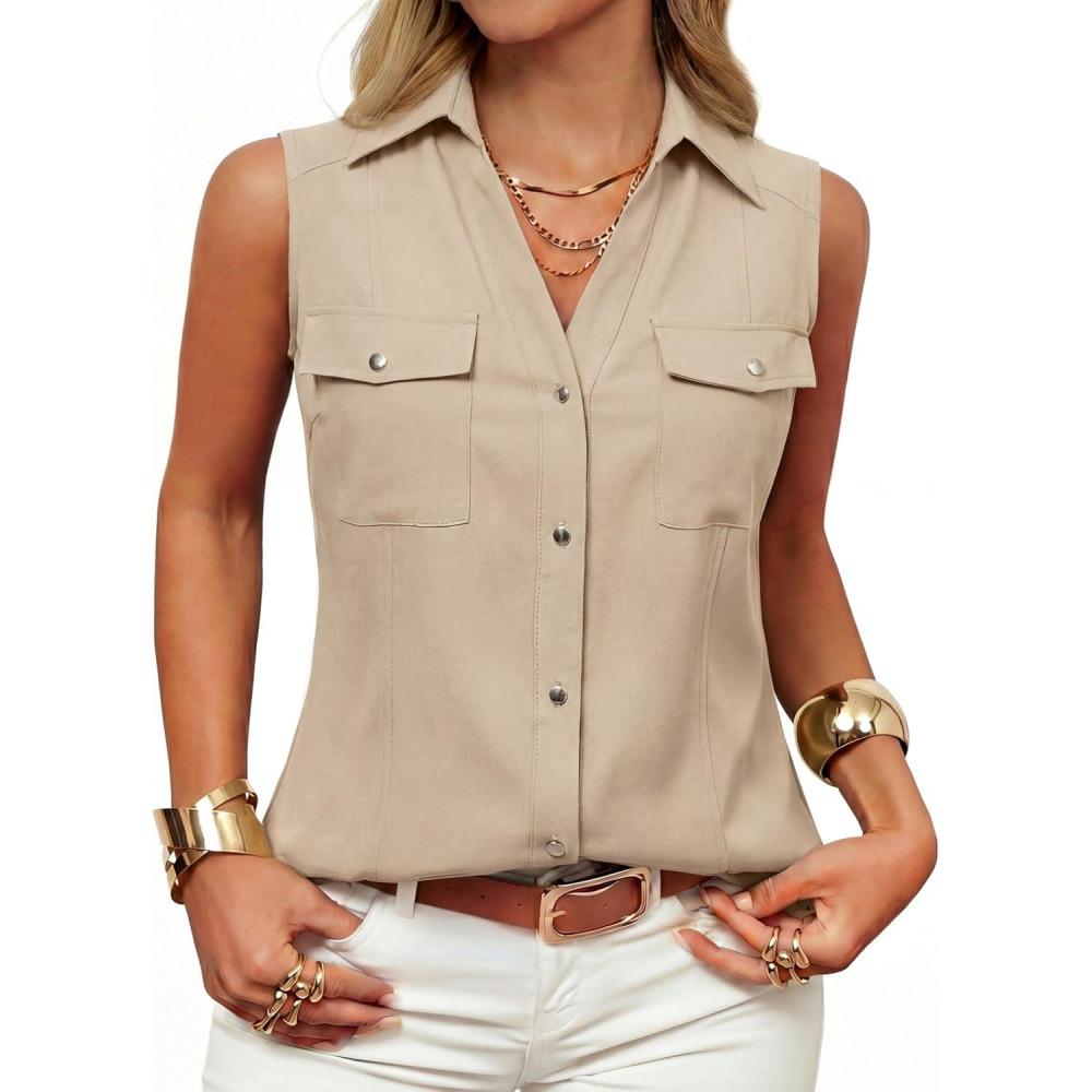 imageGRACE KARIN Women Sleeveless Button Down Shirts Summer Solid Dressy Casual Blouse V Neck Tank Top Business Work 2026 TrendyKhaki