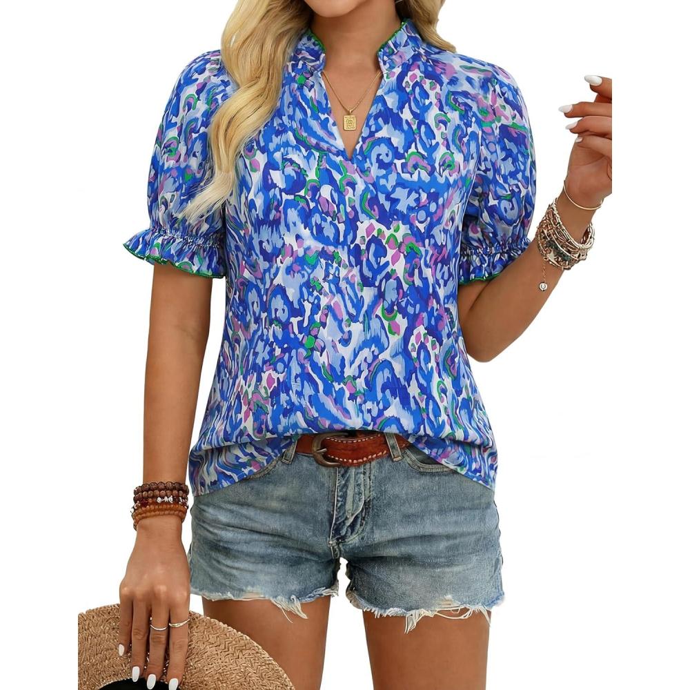 imageGRACE KARIN Womens Boho Tops Summer Spring Cotton Floral Blouses Short Sleeve Print Shirts V Neck Beach Vacation Clothes 2026Blue Wave Floral