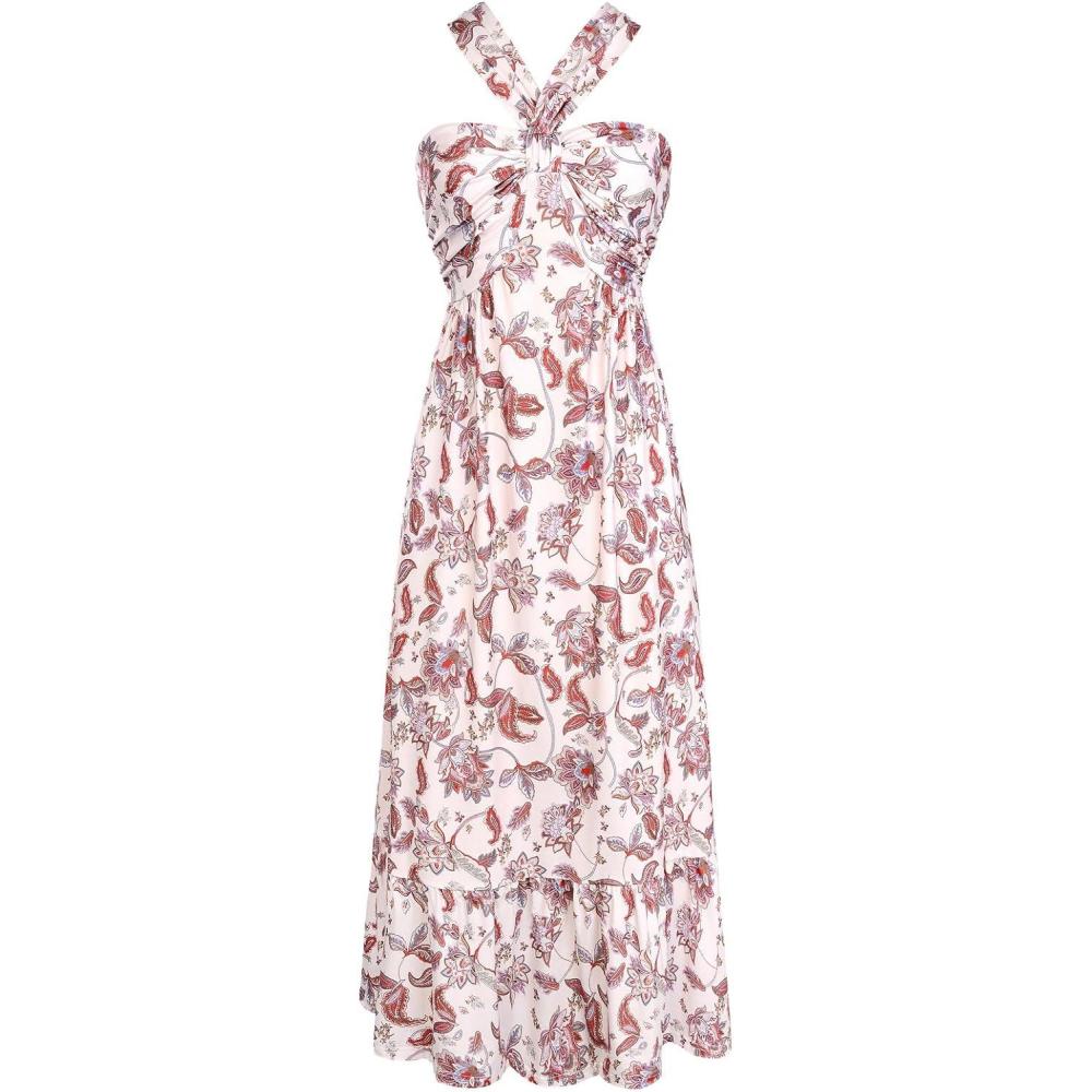 imageGRACE KARIN Womens Summer Floral Dresses 2026 Boho Maxi Dress Flowy Halter Sundress Casual Vacation Beach Clothes with PocketBeige Floral