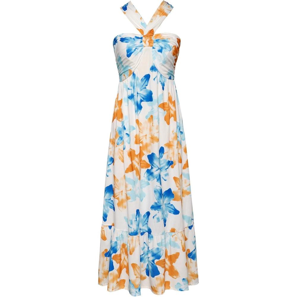 imageGRACE KARIN Womens Summer Floral Dresses 2026 Boho Maxi Dress Flowy Halter Sundress Casual Vacation Beach Clothes with PocketBlue Brown