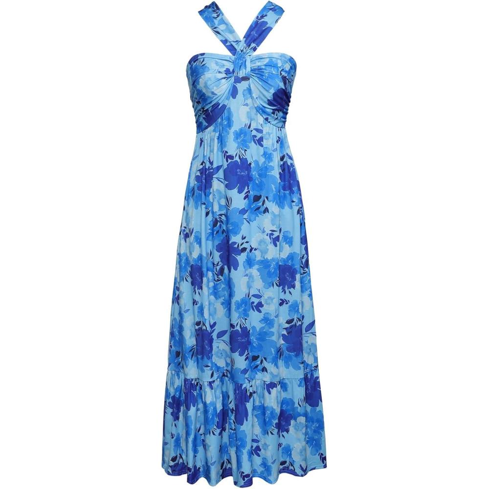 imageGRACE KARIN Womens Summer Floral Dresses 2026 Boho Maxi Dress Flowy Halter Sundress Casual Vacation Beach Clothes with PocketBlue Floral