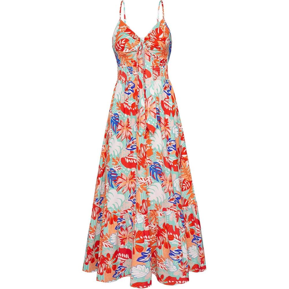 imageGRACE KARIN Womens Summer Floral Maxi Dresses 2026 Long Flowy Boho Dress Beach Vacation Sundresses Casual Clothes with PocketGreen Red Leaves