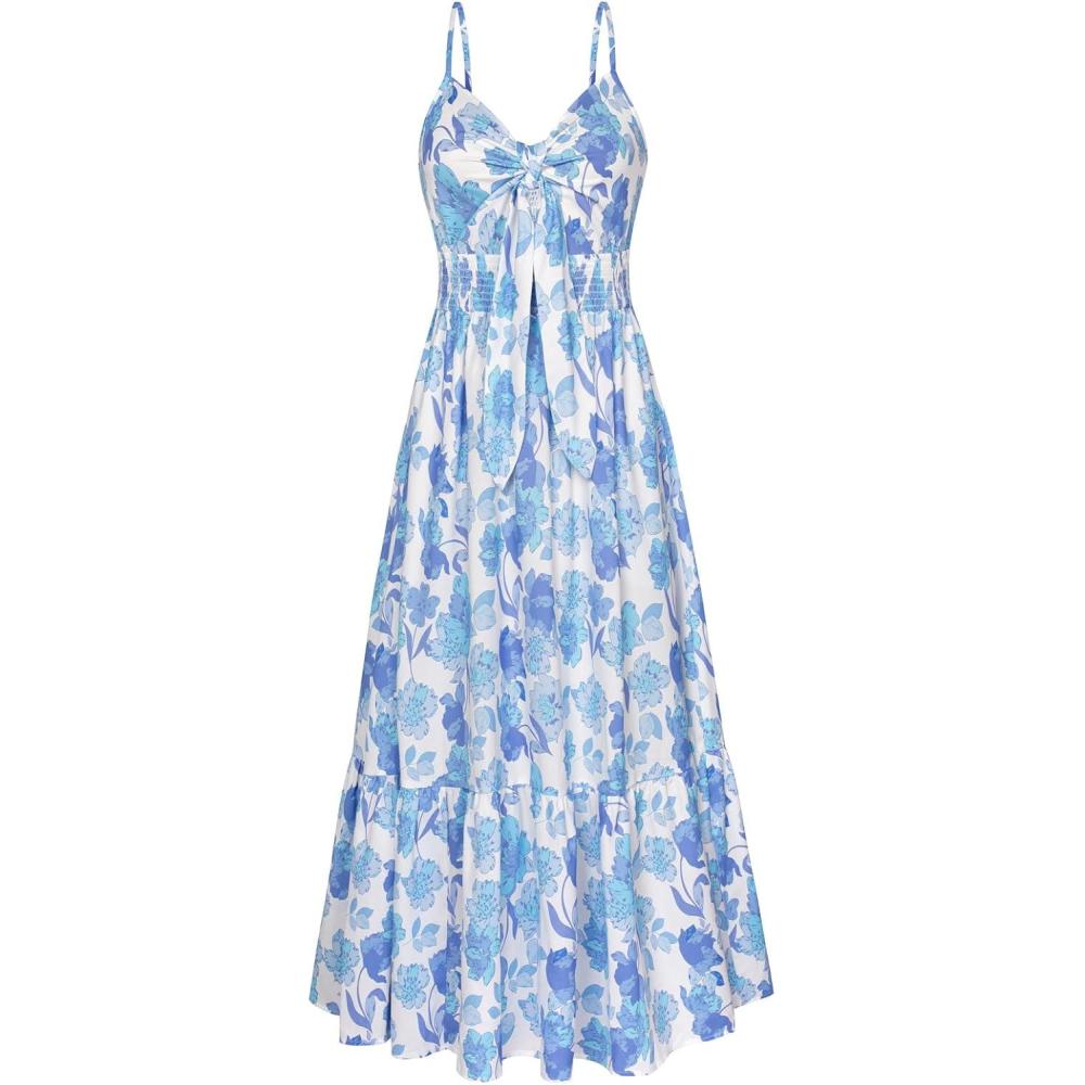 imageGRACE KARIN Womens Summer Floral Maxi Dresses 2026 Long Flowy Boho Dress Beach Vacation Sundresses Casual Clothes with PocketWhite Blue Floral