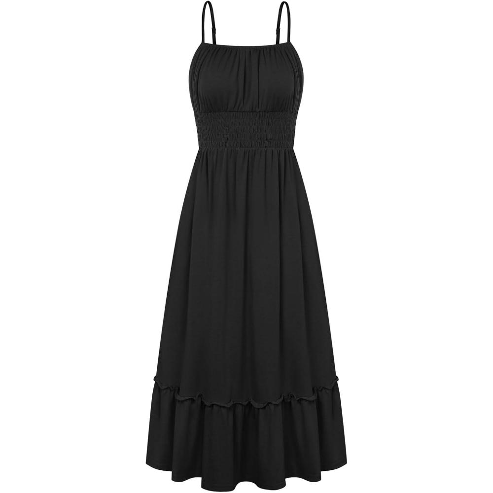 imageGRACE KARIN Womens Summer Maxi Dress 2026Smocked Ruched Bust Sundress with Adjustable Straps amp PocketsBeach Vacation DressBlack