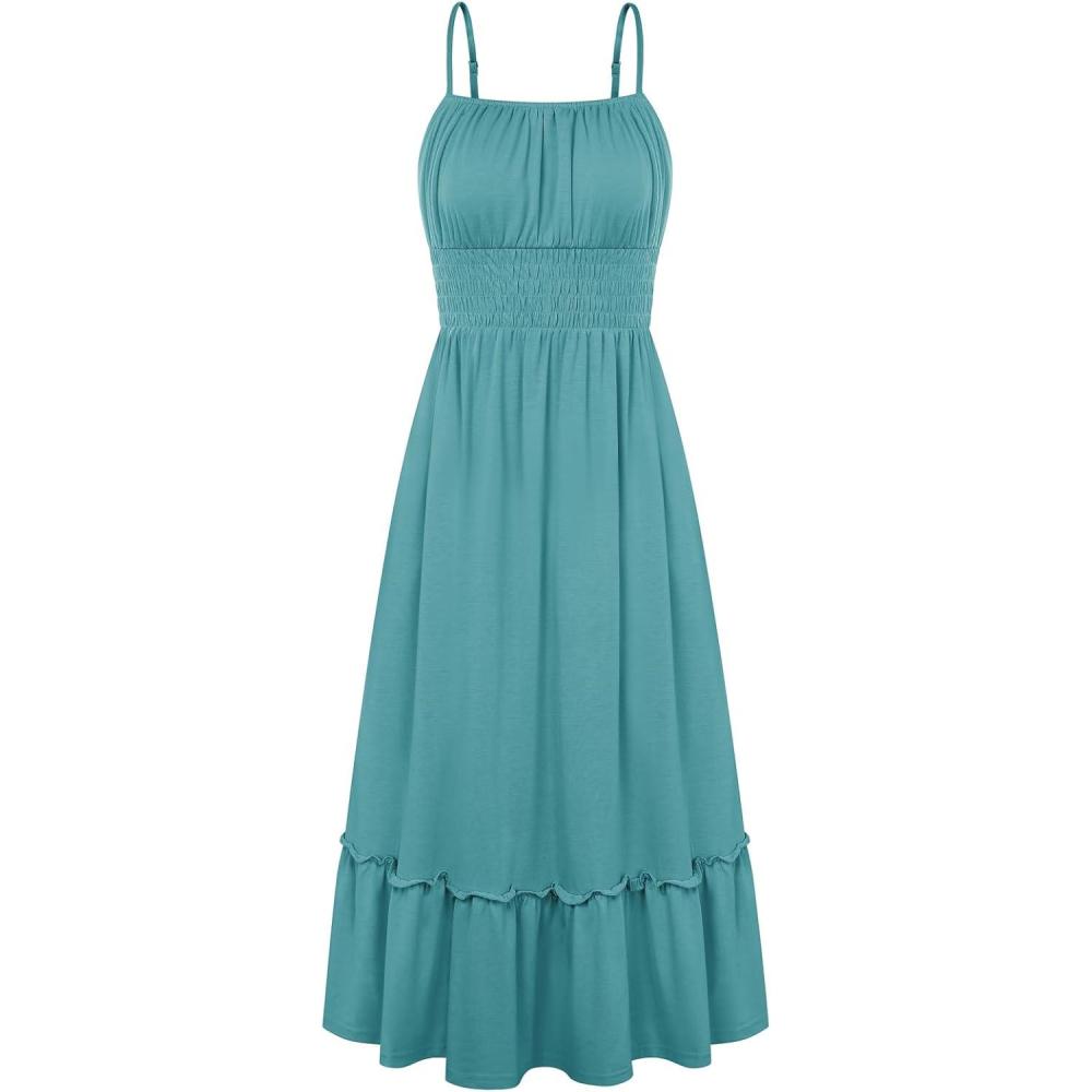 imageGRACE KARIN Womens Summer Maxi Dress 2026Smocked Ruched Bust Sundress with Adjustable Straps amp PocketsBeach Vacation DressBlue Green