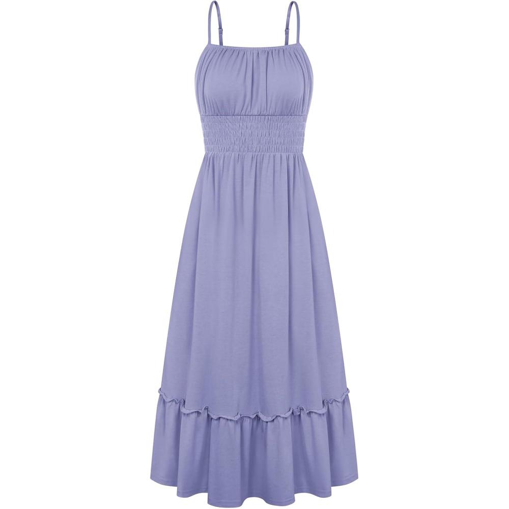 imageGRACE KARIN Womens Summer Maxi Dress 2026Smocked Ruched Bust Sundress with Adjustable Straps amp PocketsBeach Vacation DressBlue Grey