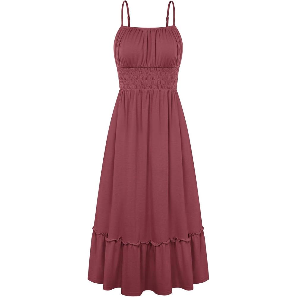 imageGRACE KARIN Womens Summer Maxi Dress 2026Smocked Ruched Bust Sundress with Adjustable Straps amp PocketsBeach Vacation DressBrick Red