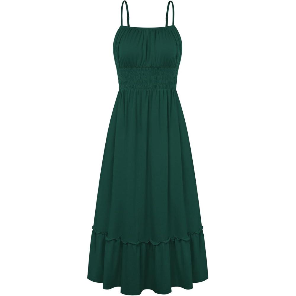 imageGRACE KARIN Womens Summer Maxi Dress 2026Smocked Ruched Bust Sundress with Adjustable Straps amp PocketsBeach Vacation DressGreen