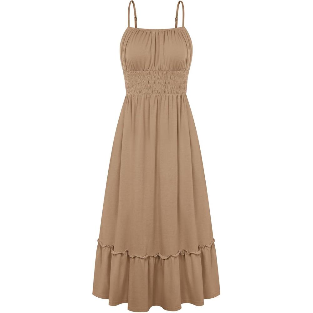 imageGRACE KARIN Womens Summer Maxi Dress 2026Smocked Ruched Bust Sundress with Adjustable Straps amp PocketsBeach Vacation DressLight Coffee