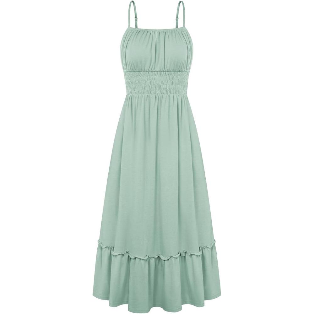 imageGRACE KARIN Womens Summer Maxi Dress 2026Smocked Ruched Bust Sundress with Adjustable Straps amp PocketsBeach Vacation DressLight Green