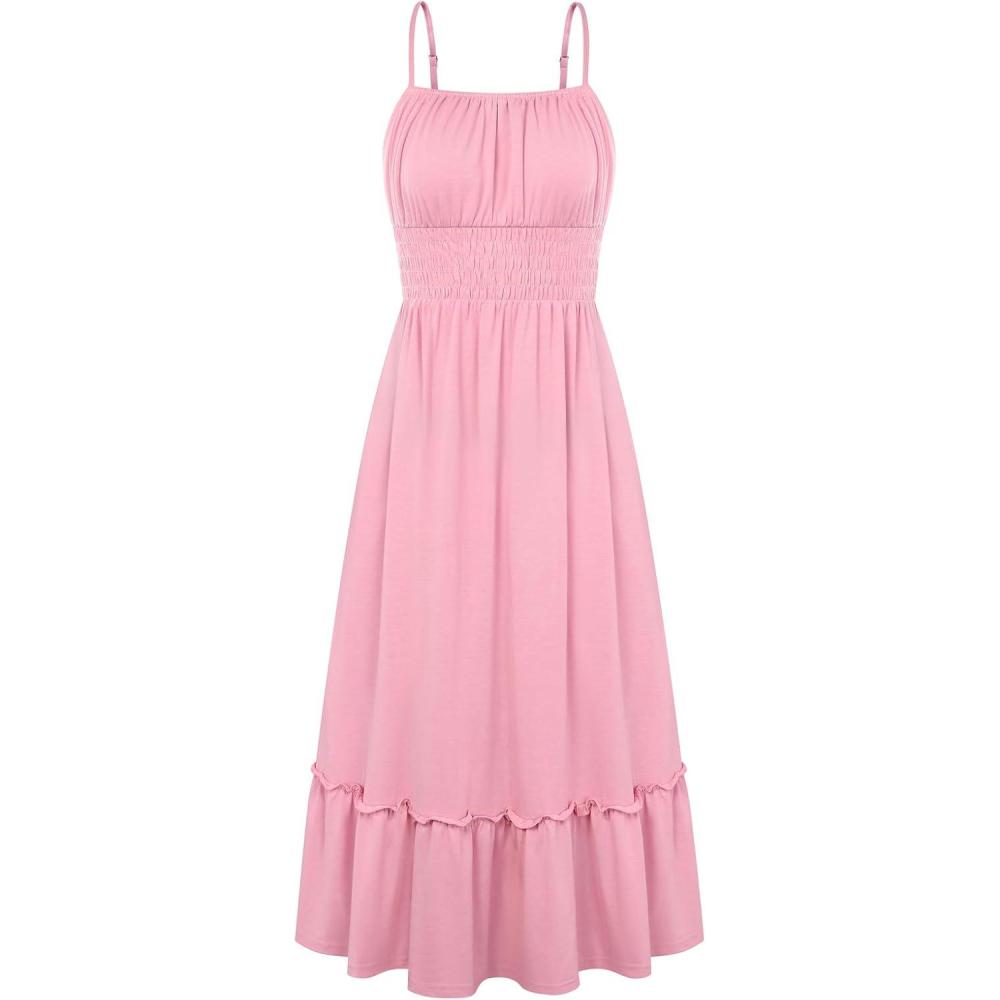 imageGRACE KARIN Womens Summer Maxi Dress 2026Smocked Ruched Bust Sundress with Adjustable Straps amp PocketsBeach Vacation DressLight Pink