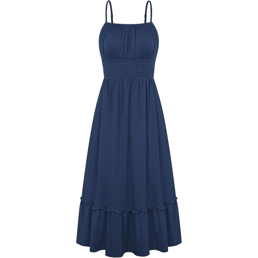 imageGRACE KARIN Womens Summer Maxi Dress 2026Smocked Ruched Bust Sundress with Adjustable Straps amp PocketsBeach Vacation DressNavy Blue