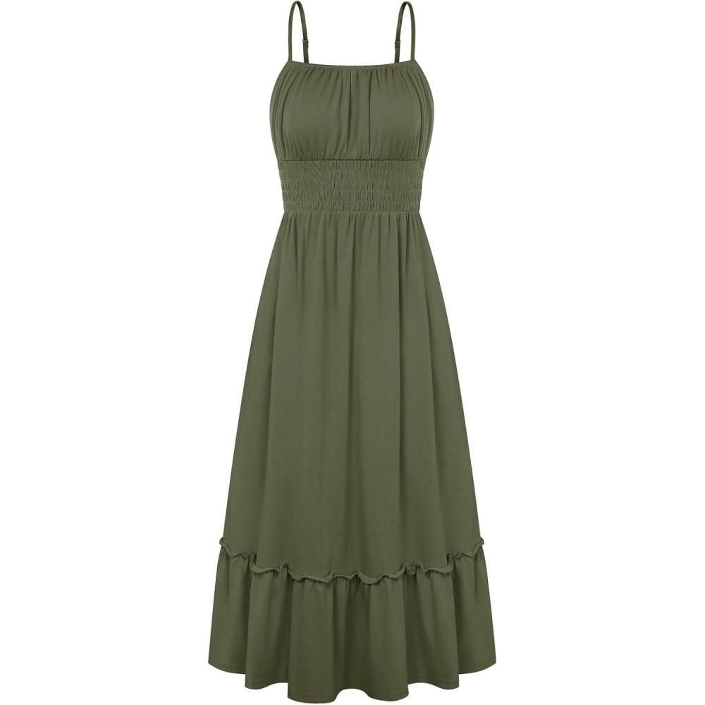 imageGRACE KARIN Womens Summer Maxi Dress 2026Smocked Ruched Bust Sundress with Adjustable Straps amp PocketsBeach Vacation DressOlive Green