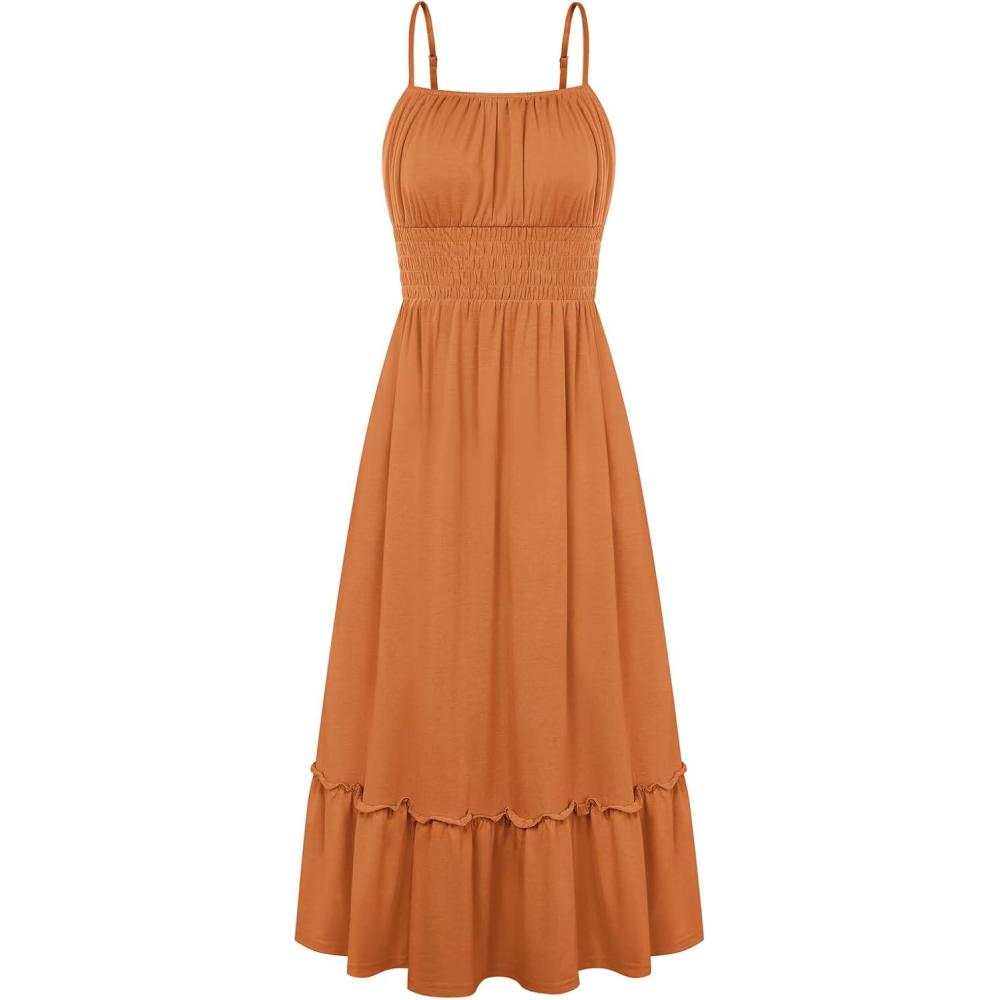 imageGRACE KARIN Womens Summer Maxi Dress 2026Smocked Ruched Bust Sundress with Adjustable Straps amp PocketsBeach Vacation DressOrange Brown