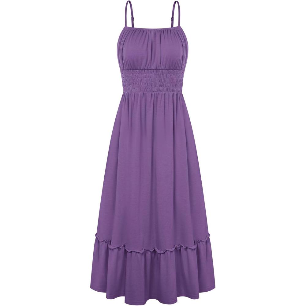 imageGRACE KARIN Womens Summer Maxi Dress 2026Smocked Ruched Bust Sundress with Adjustable Straps amp PocketsBeach Vacation DressPurple
