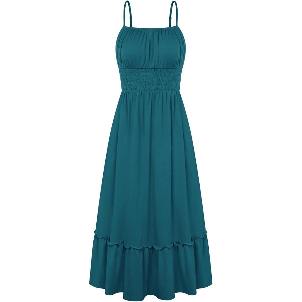 imageGRACE KARIN Womens Summer Maxi Dress 2026Smocked Ruched Bust Sundress with Adjustable Straps amp PocketsBeach Vacation DressTeal