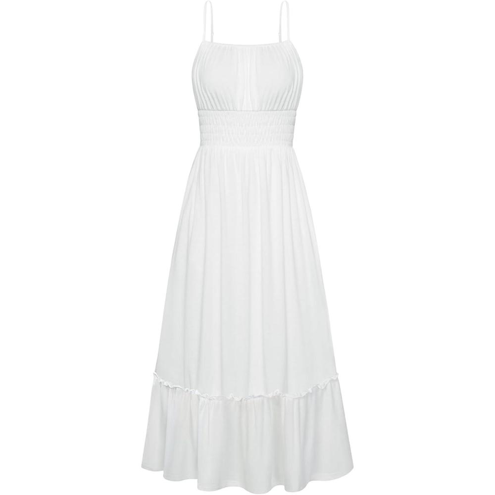 imageGRACE KARIN Womens Summer Maxi Dress 2026Smocked Ruched Bust Sundress with Adjustable Straps amp PocketsBeach Vacation DressWhite