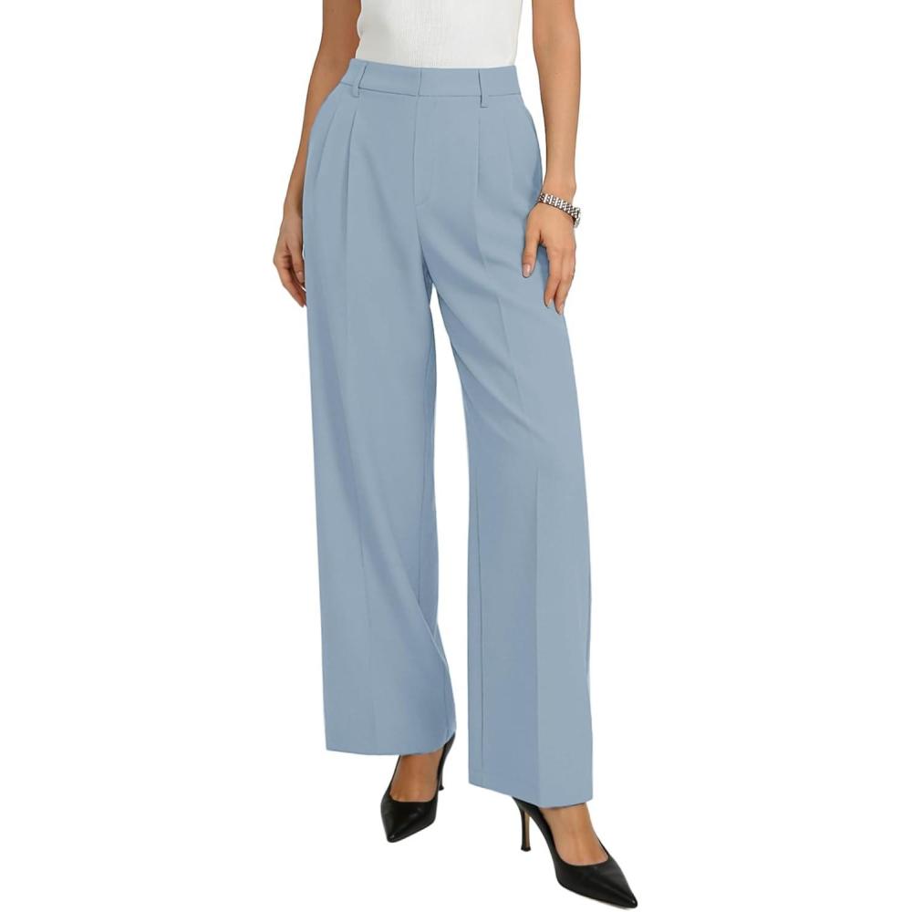 imageGRACE KARIN Womens Wide Leg Work Pants Wrinkle Free High Waisted Trousers with Pockets Business Casual Office SlacksDusty Blue