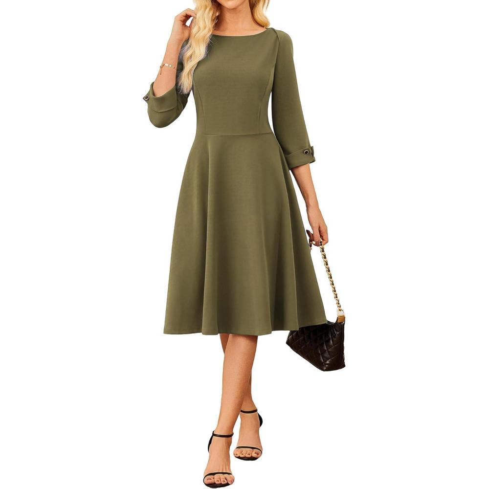 imageGRACE KARIN Work Dresses for Women 2026 34 Sleeve Fit and Flare Business Midi Dress Classy Office Dresses with PocketsAmy Green