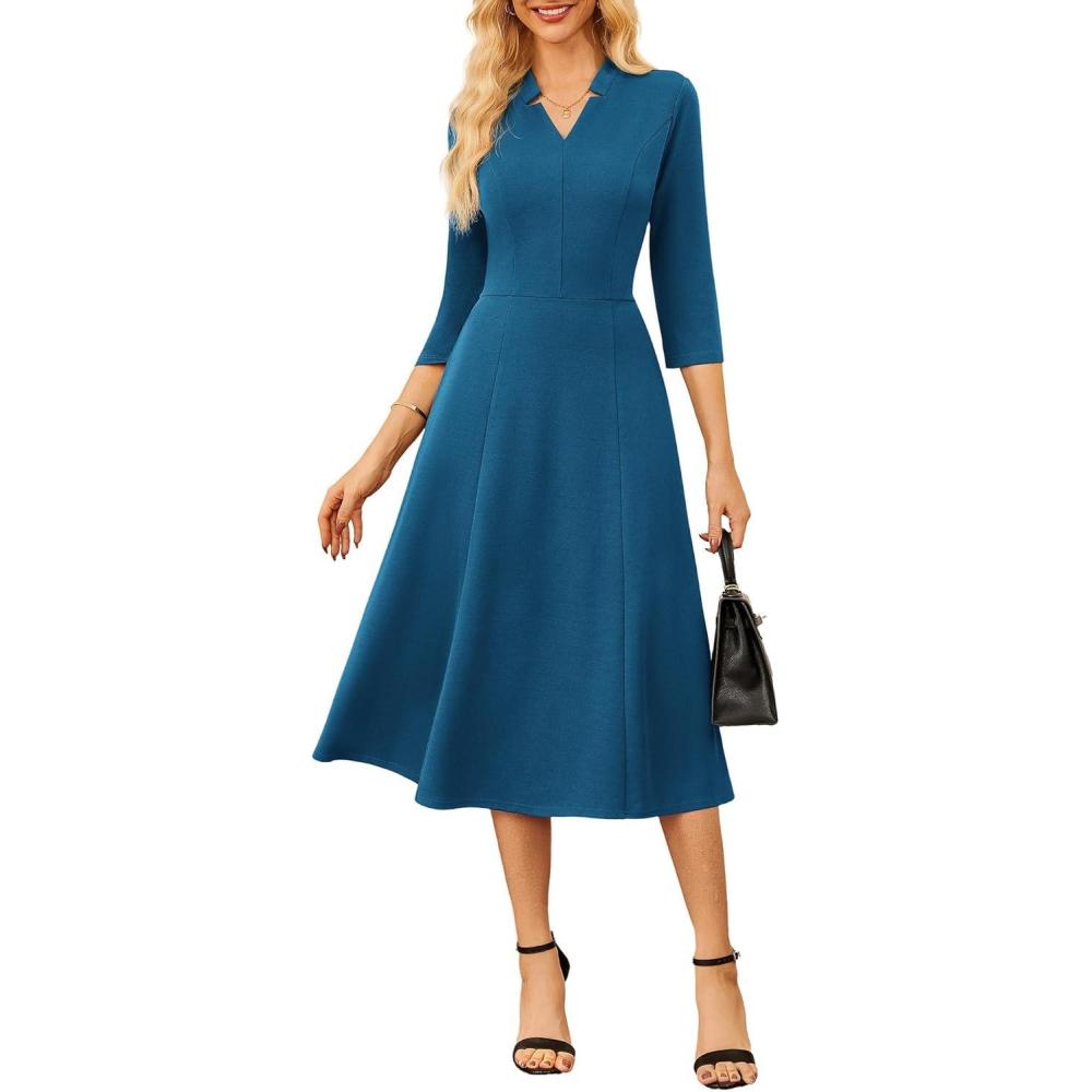 imageGRACE KARIN Work Dresses for Women 2026Midi Business Dress34 Sleeve Classy Fit and Flare Dress with PocketGray Blue