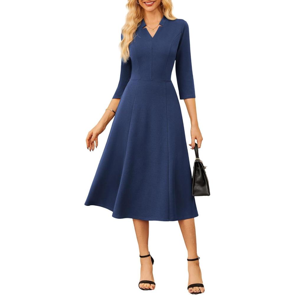 imageGRACE KARIN Work Dresses for Women 2026Midi Business Dress34 Sleeve Classy Fit and Flare Dress with PocketNavy Blue