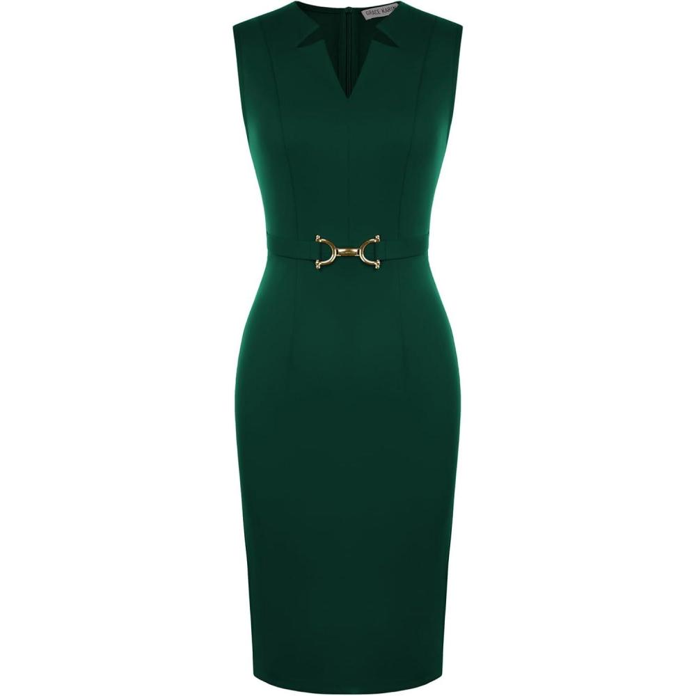 imageGRACE KARIN Work Dresses for Women 2026V Neck Business Office Bodyon DressSleeveless Pencil Semi Formal Midi DressDark Green