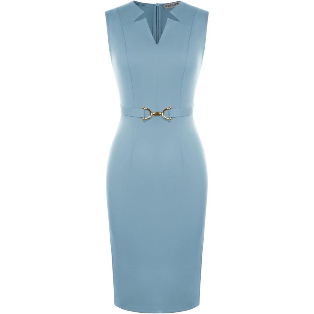 imageGRACE KARIN Work Dresses for Women 2026V Neck Business Office Bodyon DressSleeveless Pencil Semi Formal Midi DressGray Blue