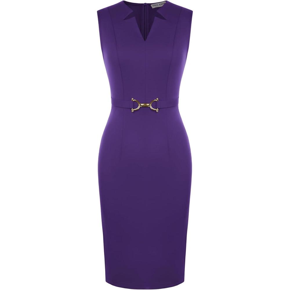 imageGRACE KARIN Work Dresses for Women 2026V Neck Business Office Bodyon DressSleeveless Pencil Semi Formal Midi DressPurple
