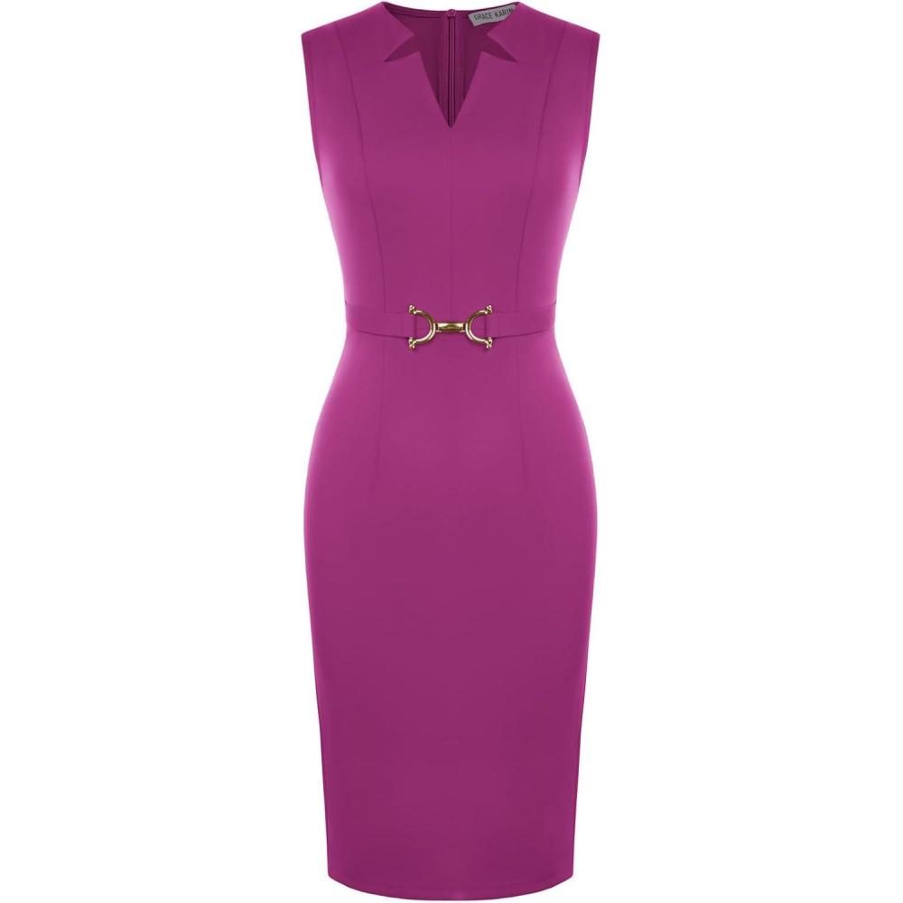 imageGRACE KARIN Work Dresses for Women 2026V Neck Business Office Bodyon DressSleeveless Pencil Semi Formal Midi DressRose Purple