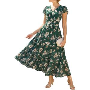 GRACE KARIN 2026 Women Summer Dress,Maxi Short Sleeve Floral Dresses,Semi Formal Flowy Wedding Guest Dress with Pocket(Dark Green With White Flowers)