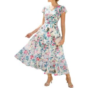 GRACE KARIN 2026 Women Summer Dress,Maxi Short Sleeve Floral Dresses,Semi Formal Flowy Wedding Guest Dress with Pocket(Dense Dotted Flowers)