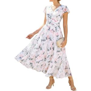 GRACE KARIN 2026 Women Summer Dress,Maxi Short Sleeve Floral Dresses,Semi Formal Flowy Wedding Guest Dress with Pocket(White With Pink Blue Flowers)