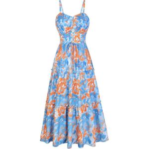 GRACE KARIN 2026 Women’s Spaghetti Vacation Sundress Summer Beach Flowy Boho Floral Maxi Dresses with Pockets(Blue Orange Floral)