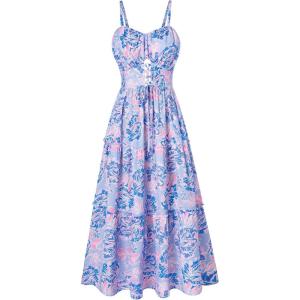 GRACE KARIN 2026 Women’s Spaghetti Vacation Sundress Summer Beach Flowy Boho Floral Maxi Dresses with Pockets(Purple Blue Floral)