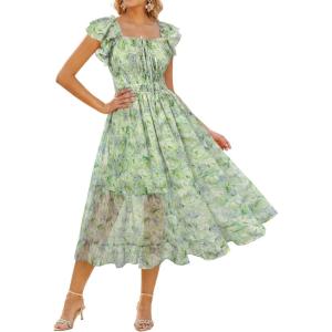 GRACE KARIN 2026 Women’s Spring Floral Midi Dress Square Neck Beach Wedding Guest Dresses Flowy A Line Casual Summer Clothes(Green Flower)