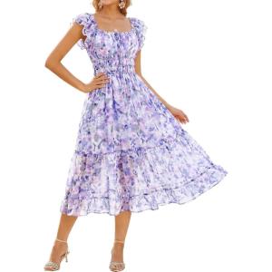 GRACE KARIN 2026 Women’s Spring Floral Midi Dress Square Neck Beach Wedding Guest Dresses Flowy A Line Casual Summer Clothes(Lavender Floral)