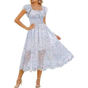 GRACE KARIN 2026 Women’s Spring Floral Midi Dress Square Neck Beach Wedding Guest Dresses Flowy A Line Casual Summer Clothes(Light Blue Floral)