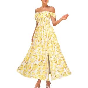 GRACE KARIN 2026 Women’s Summer Floral Wedding Guest Dress,Beach Flowy A Line Maxi Off Shoulder Bridesmaid Dresses(Apricot Yellow)