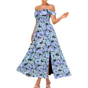 GRACE KARIN 2026 Women’s Summer Floral Wedding Guest Dress,Beach Flowy A Line Maxi Off Shoulder Bridesmaid Dresses(Black Purple)