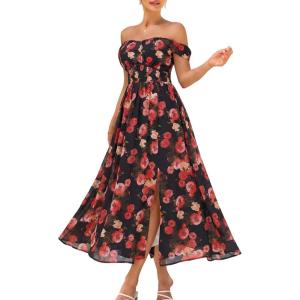 GRACE KARIN 2026 Women’s Summer Floral Wedding Guest Dress,Beach Flowy A Line Maxi Off Shoulder Bridesmaid Dresses(Black Red Rose)