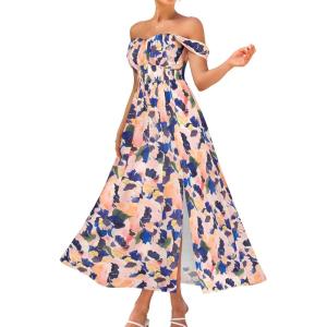GRACE KARIN 2026 Women’s Summer Floral Wedding Guest Dress,Beach Flowy A Line Maxi Off Shoulder Bridesmaid Dresses(Blue Orange)
