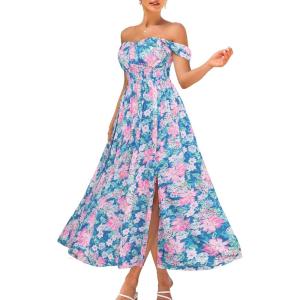 GRACE KARIN 2026 Women’s Summer Floral Wedding Guest Dress,Beach Flowy A Line Maxi Off Shoulder Bridesmaid Dresses(Blue Pink)