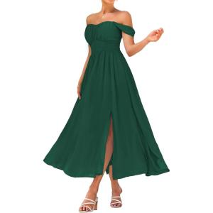GRACE KARIN 2026 Women’s Summer Floral Wedding Guest Dress,Beach Flowy A Line Maxi Off Shoulder Bridesmaid Dresses(Dark Green)