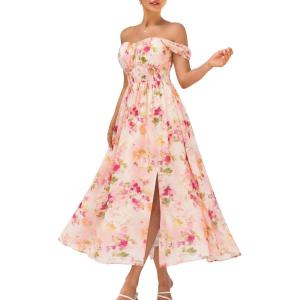 GRACE KARIN 2026 Women’s Summer Floral Wedding Guest Dress,Beach Flowy A Line Maxi Off Shoulder Bridesmaid Dresses(Floral Pink)