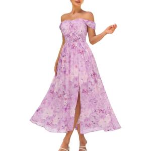 GRACE KARIN 2026 Women’s Summer Floral Wedding Guest Dress,Beach Flowy A Line Maxi Off Shoulder Bridesmaid Dresses(Floral Purple)