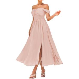 GRACE KARIN 2026 Women’s Summer Floral Wedding Guest Dress,Beach Flowy A Line Maxi Off Shoulder Bridesmaid Dresses(Pink Apricot)