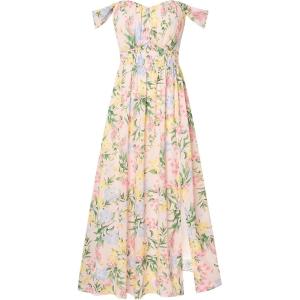GRACE KARIN 2026 Women’s Summer Floral Wedding Guest Dress,Beach Flowy A Line Maxi Off Shoulder Bridesmaid Dresses(Pink-yellow)