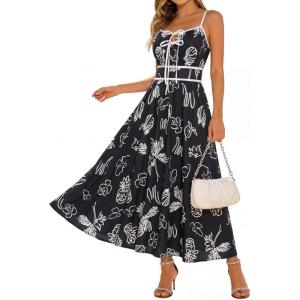 GRACE KARIN 2026 Women’s Summer Maxi Floral Dress, Spaghetti Strap Tie Front Boho Sundress with Pockets(Black)