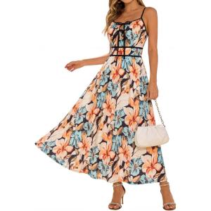 GRACE KARIN 2026 Women’s Summer Maxi Floral Dress, Spaghetti Strap Tie Front Boho Sundress with Pockets(Black Orange)