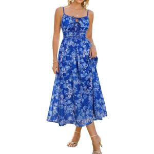 GRACE KARIN 2026 Women’s Summer Maxi Floral Dress, Spaghetti Strap Tie Front Boho Sundress with Pockets(Blue Floral)